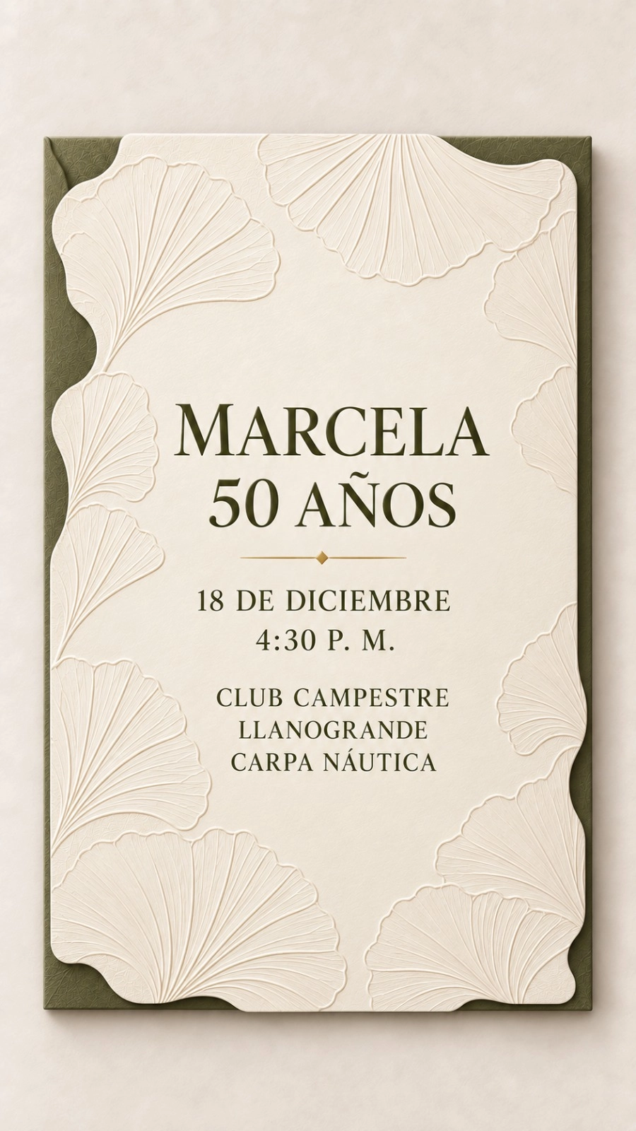 Marcela, 50 años. 18 de diciembre, 4:30 p. m. Club Campestre Llanogrande, Carpa Náutica.