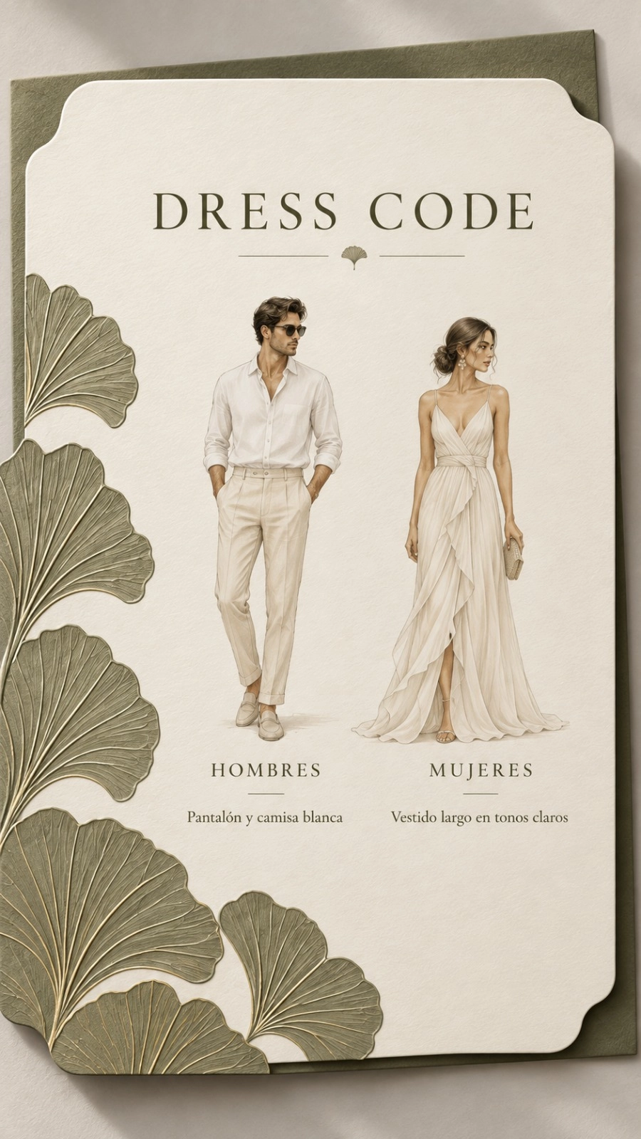 Vestuario. Hombres: pantalón y camisa blanca. Mujeres: vestido largo en tonos claros.