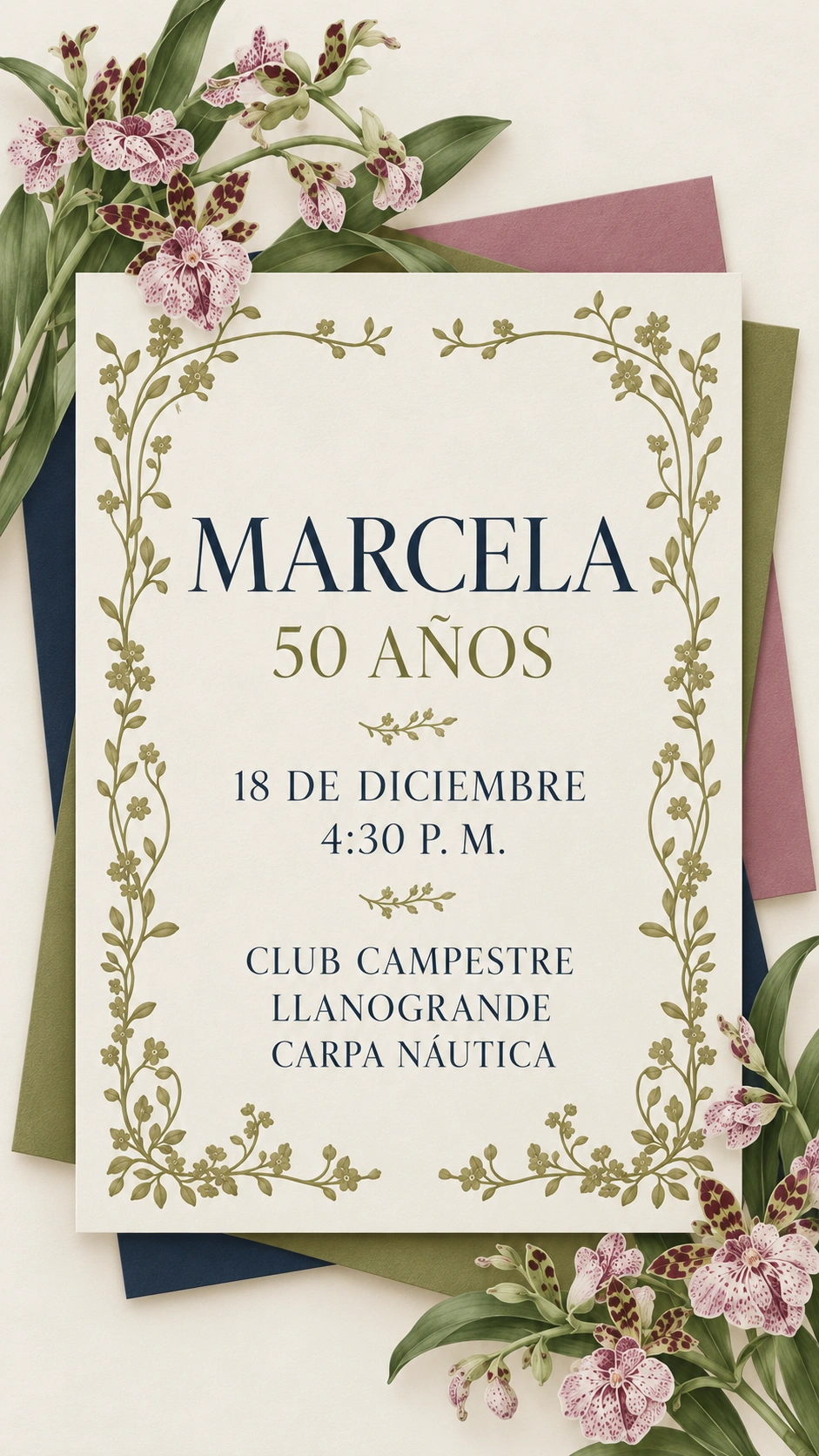 Marcela, 50 años. 18 de diciembre, 4:30 p. m. Club Campestre Llanogrande, Carpa Náutica.