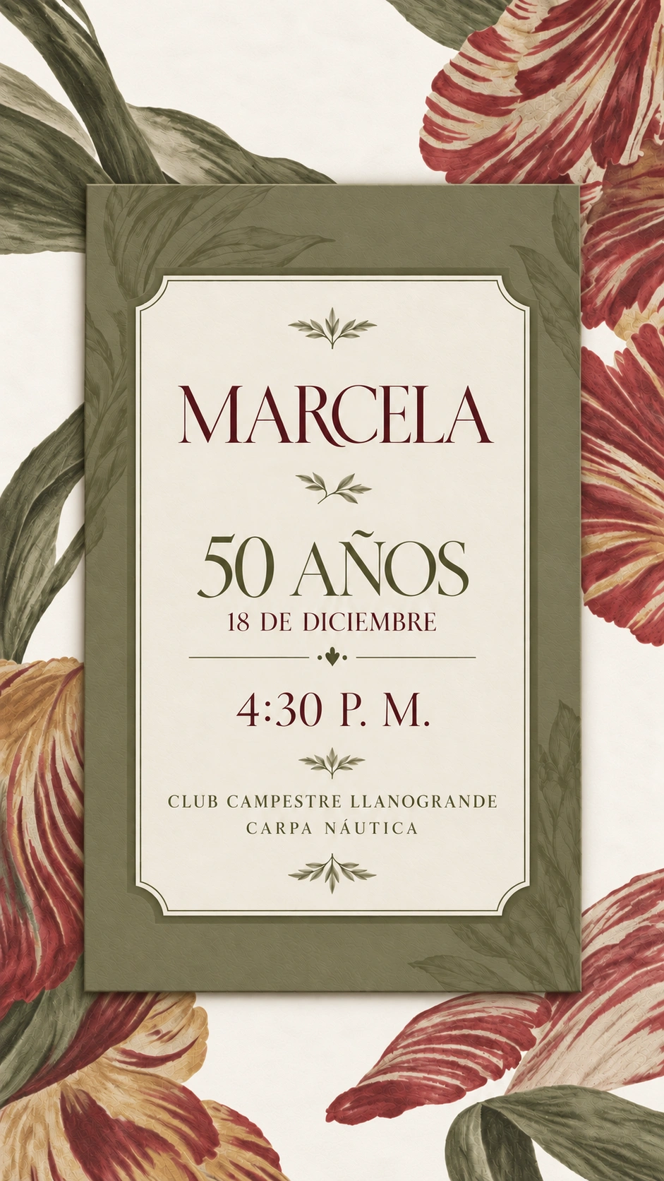 Marcela, 50 años. 18 de diciembre, 4:30 p. m. Club Campestre Llanogrande, Carpa Náutica.