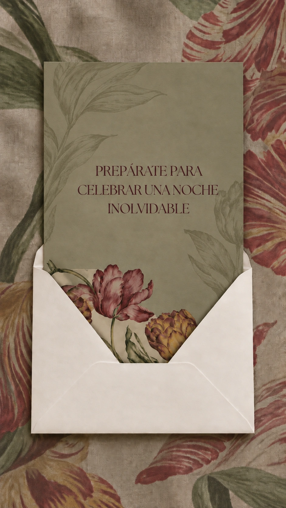 Prepárate para celebrar una noche inolvidable. Una invitación entre tulipanes burdeos y papel oliva.