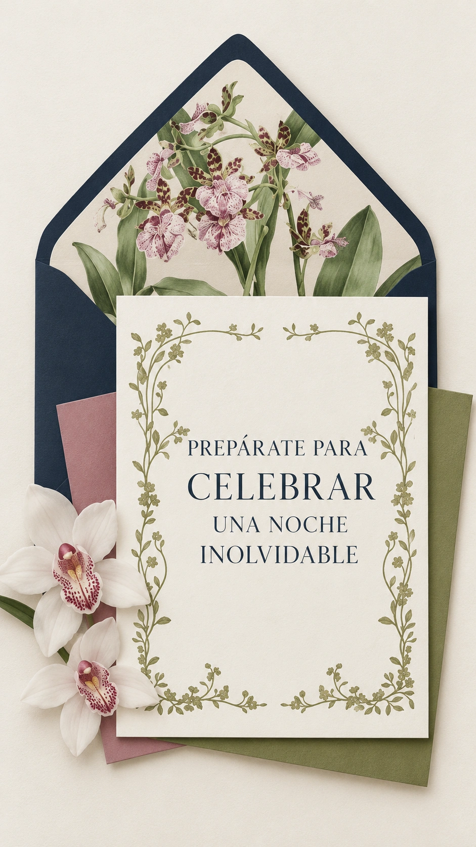 Prepárate para celebrar una noche inolvidable. Una invitación entre orquídeas y papeles de colores.