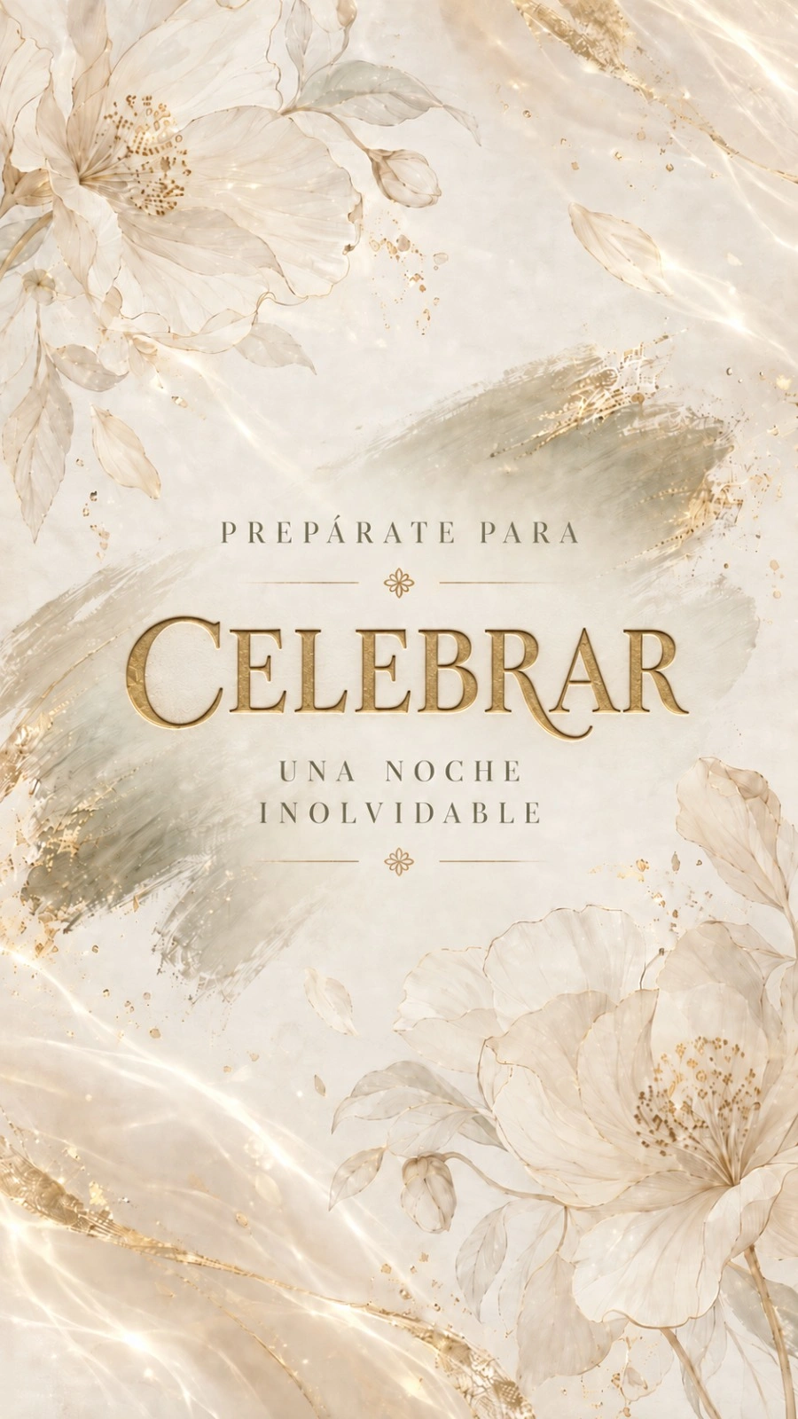 Prepárate para celebrar una noche inolvidable. Invitación sobre papel marfil con flores blancas y detalles dorados.