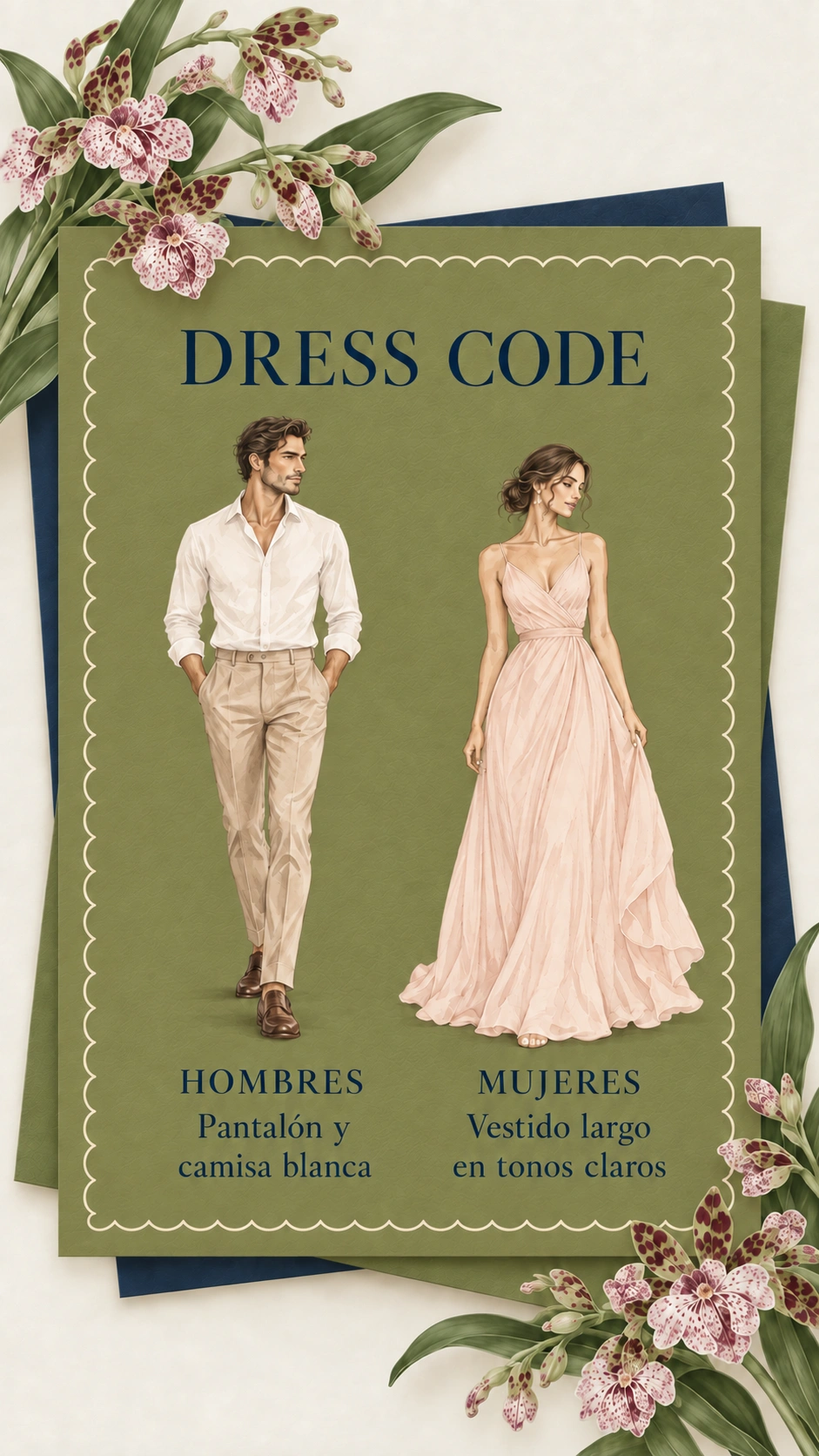 Hombres: pantalón y camisa blanca. Mujeres: vestido largo en tonos claros.